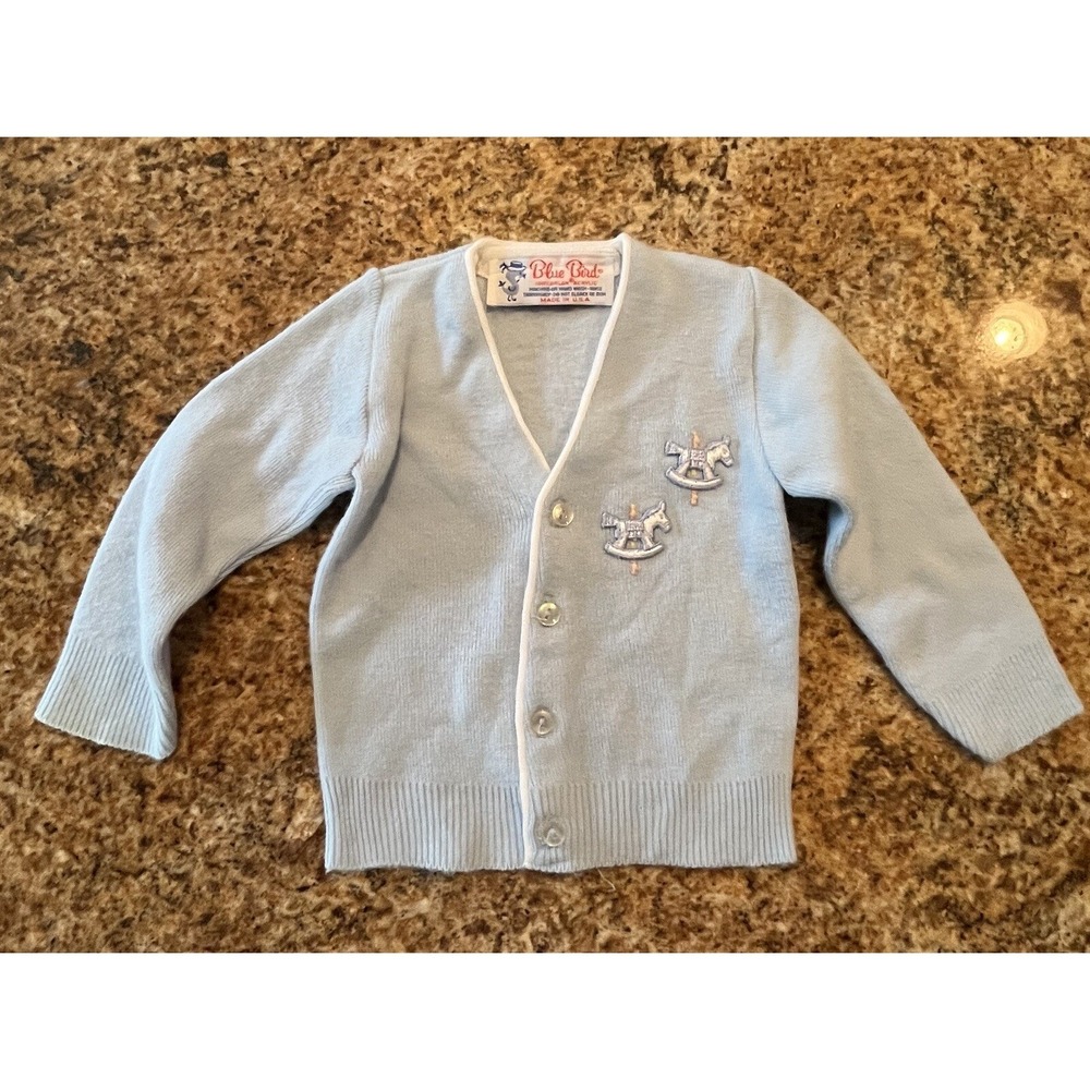 Vintage Baby Sweater Cardigan Blue Bird  100% Orlon  Baby Blue Size 6 Months USA